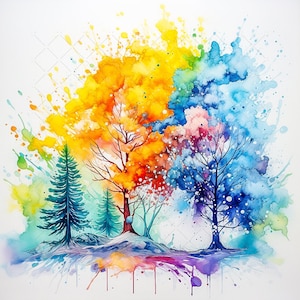Abstract Fall Trees Vibrant Watercolor Bundle Clipart, 10 High Quality JPGs, Colorful Trees Artwork, Fall Trees Printable Wall Art Decor