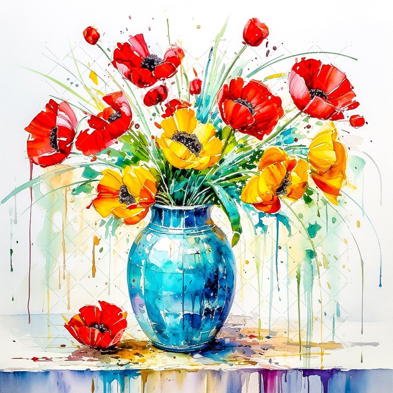 Poppy Flower Bouquet Art Print, Vase Painting (digital Download) - Etsy