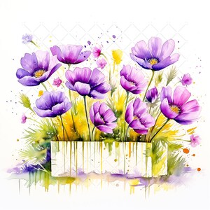 Anemone Flowers in Planter Box Bundle Clipart, 10 High Quality JPGs, Watercolor Flowers Art, Bouquet of Flowers Printable Wall Art Decor