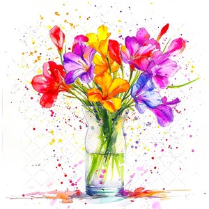 Colorful Freesia Flowers in Vase Bundle Clipart, 10 High Quality JPGs, Watercolor Flowers, Bouquet of Flowers Printable Wall Art Decor