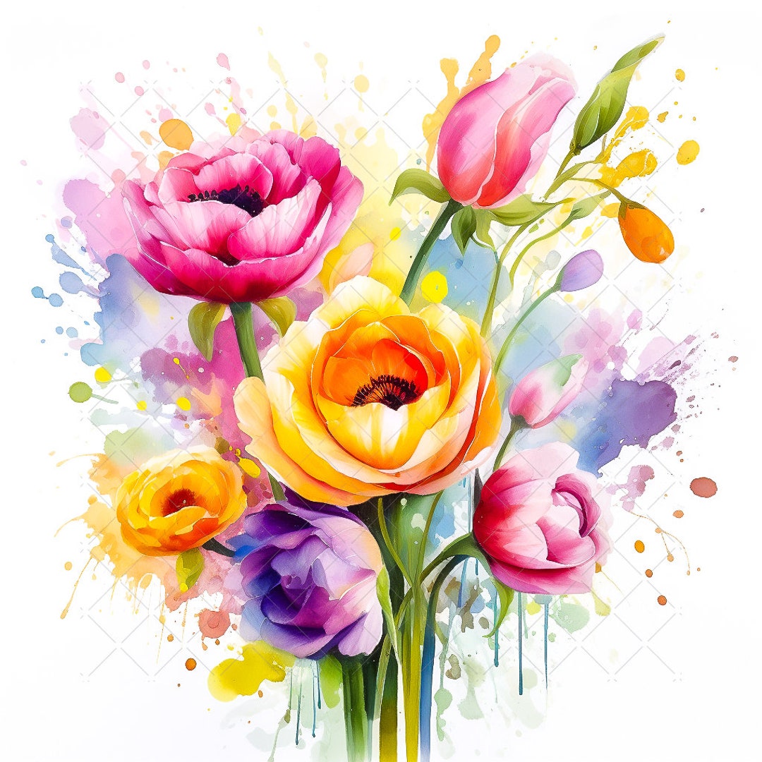 Bouquet Vibrant Watercolor Colorful Flowers Bundle Clipart, 10 High ...