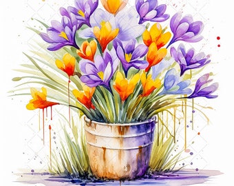 Crocus Flowers Watercolor in Bucket Pot Bundle Clipart, 10 High Quality JPGs, Bouquet of Flowers Printable Wall Art Decor
