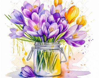 Crocus bloemen aquarel in pot bundel clipart, 10 hoge kwaliteit JPG's, levendige boeket bloemen afdrukbare Wall Art decor