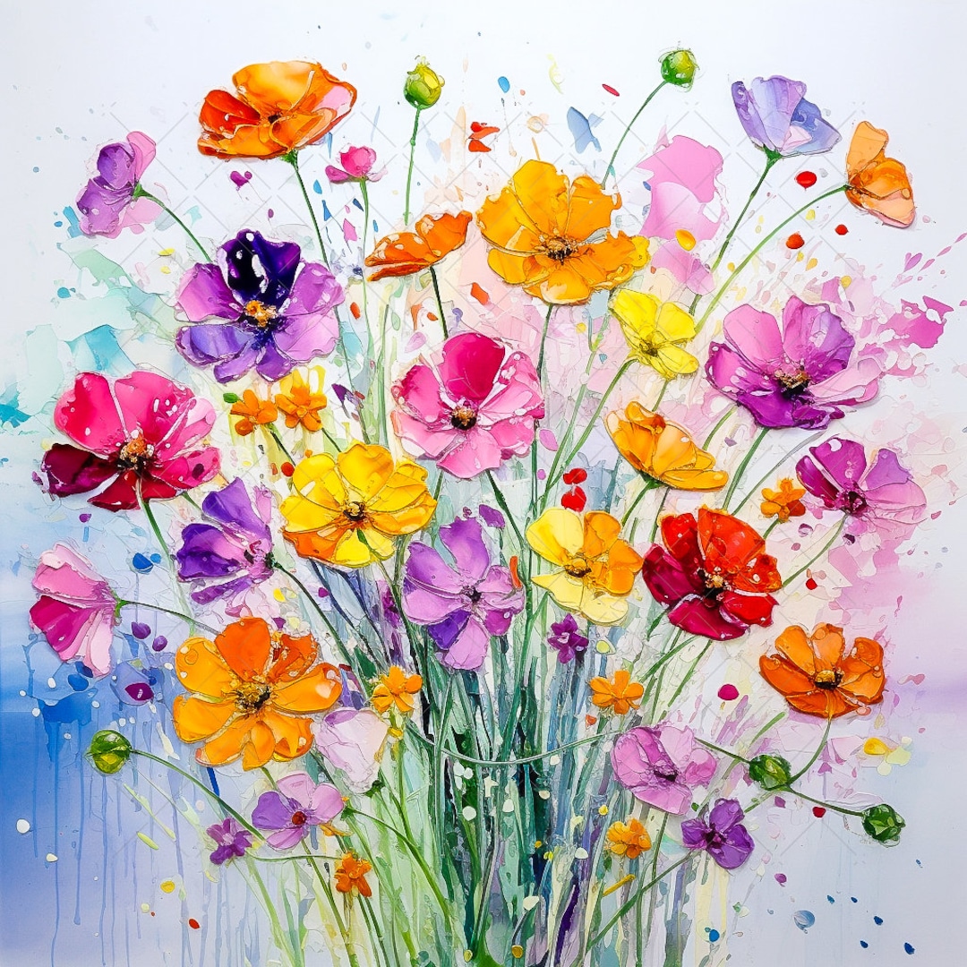 Cosmos Sensation Flowers in Field Bundle Clipart, 10 High Quality