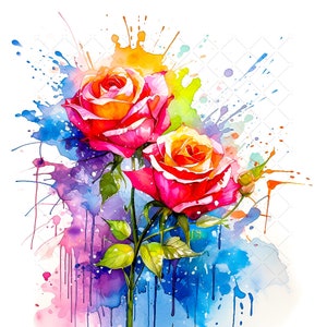 Roses Flowers Watercolor Bouquet Flowers Bundle Clipart, 10 High Quality JPG, Flowers Art, Bouquet of Flowers Printable Wall Art Decor