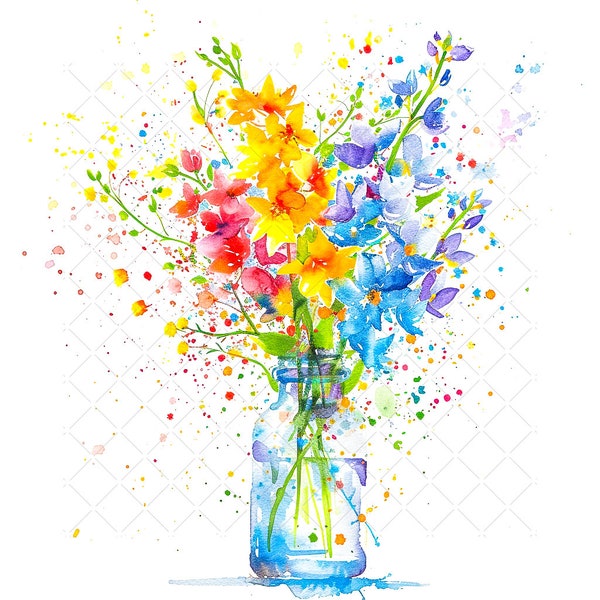Colorful Rocket Larkspur Flowers Bundle Clipart, 10 High Quality JPGs, Watercolor Bouquet of Flowers Printable Wall Art Decor