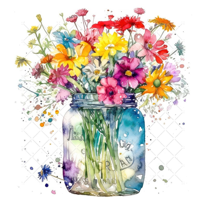 Vase de marguerites fleurs Bundle Clipart, 10 fichiers JPG de haute qualité, aquarelle de fleurs dans un vase, bouquet de fleurs imprimable Art mural image 1