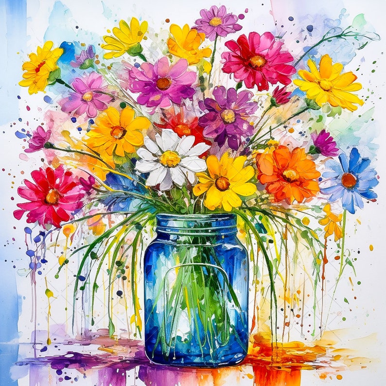 Vaas met wilde bloemen bundel clipart, 10 hoge kwaliteit JPG's, aquarel bloem in vaas kunst, boeket bloemen afdrukbare Wall Art decor afbeelding 1