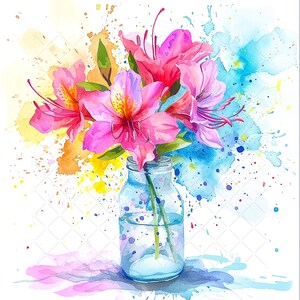 Watercolor Azalea Flowers in Vase Bundle Clipart, 10 High Quality JPGs, Vibrant Bouquet of Flowers Printable Wall Art Decor
