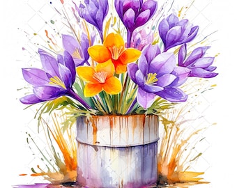 Mix van Crocus bloemen aquarel kleurrijke bundel clipart, 10 hoge kwaliteit JPG's, levendige boeket bloemen afdrukbare Wall Art decor