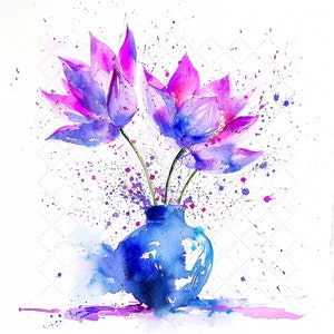Fleurs de lotus violettes dans un vase des cliparts, 10 fichiers JPG de haute qualité, aquarelle fleurs, bouquet de fleurs imprimable Art mural