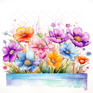 Anemone Flowers in Planter Box Bundle Clipart, 10 High Quality JPGs, Watercolor Flowers Art, Bouquet of Flowers Printable Wall Art Decor