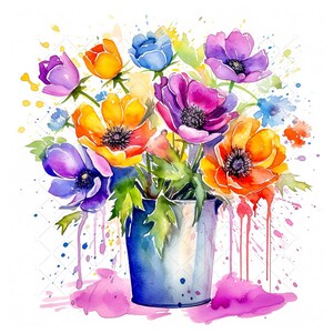 Mix of Anemone Flowers Bundle Clipart, 10 High Quality JPGs, Watercolor Flowers Art, Bouquet of Flowers Printable Wall Art Decor