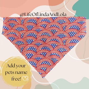 May include: Red, white and blue bandana with a distressed American flag pattern. The bandana is in the shape of a triangle and has a gold glitter finish. The text "Add your pets name free!" is on a yellow circle in the bottom left corner.