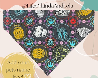 Star Wars over-the-collar pet bandana, day of the dead, halloween, character, movie, fun, playful multi color pallet, cat / dog