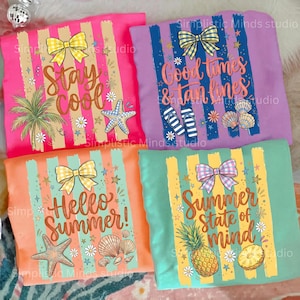 May include: Four colorful t-shirts with summer-themed graphics. Each shirt features a bow, text, and illustrations like palm trees, starfish, seashells, and pineapples. The shirts are in pink, purple, orange, and green.