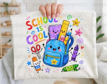 School Is Cool Kawaii Crayon Backpack Digital PNG File, Back to School Sublimation Design, Cute Teacher Student Gift
