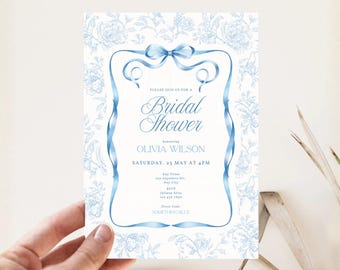 Blue Floral Bridal Shower Invitation, Editable Template (Digital Download)