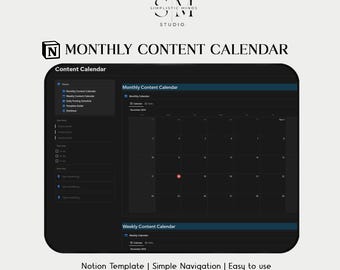 May include: A screenshot of a Notion template for a monthly content calendar. The template has a dark background with blue accents. The calendar is divided into weeks and days, with a red dot marking a specific date. The text "Notion Template | Simple Navigation | Easy to use" is displayed at the bottom of the image.