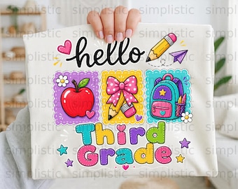 Hello Third Grade Digital PNG Back to School Design, Teacher Student Gift, First Day of 3rd Grade, Cute School Supplies Sublimation File