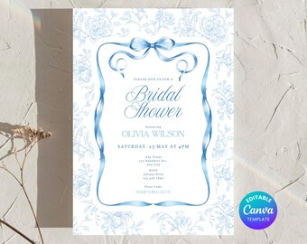 Blue Floral Bridal Shower Invitation Template (Digital Download)