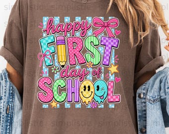 Happy First Day of School Digital Design PNG, Back to School Groovy Teacher Student Shirt Sublimation Clipart Instant Download