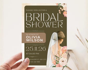 Elegant Floral Bridal Shower Invitation, Editable Canva Template (Digital Download)