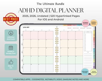 ADHD Digital Planner 2025-2026 | Hyperlinked Productivity Organizer (Digital Download)