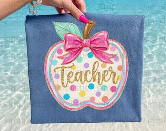 Faux Glitter Teacher Apple Digital PNG with Pink Bow & Colorful Polka Dots | Back to School End of Year Teacher Appreciation Gift Art