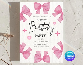 Invitación de cumpleaños con lazo rosa para fiesta de niñas, plantilla editable de Canva (descarga digital)