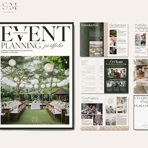 以下が含まれることがあります： 「EVENT PLANNING portfolio」のタイトルと屋外イベントの画像が特徴のイベントプランニングポートフォリオ。ポートフォリオには、サービス、チーム、イベントギャラリーを紹介するページが含まれています。スタジオのロゴは左上にあります。