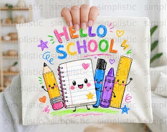 Hello School Digital Download PNG, Cute School Supplies Kawaii Teacher Student Art, Back to School First Day Printable Clipart
