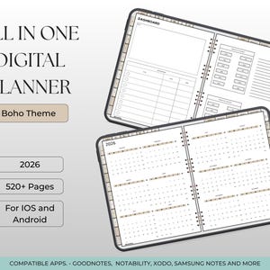 May include: Digital planner with a Boho theme, featuring a dashboard and calendar pages for 2026. The planner includes over 520 pages and is compatible with iOS and Android devices. The text on the image says "ALL IN ONE DIGITAL PLANNER".