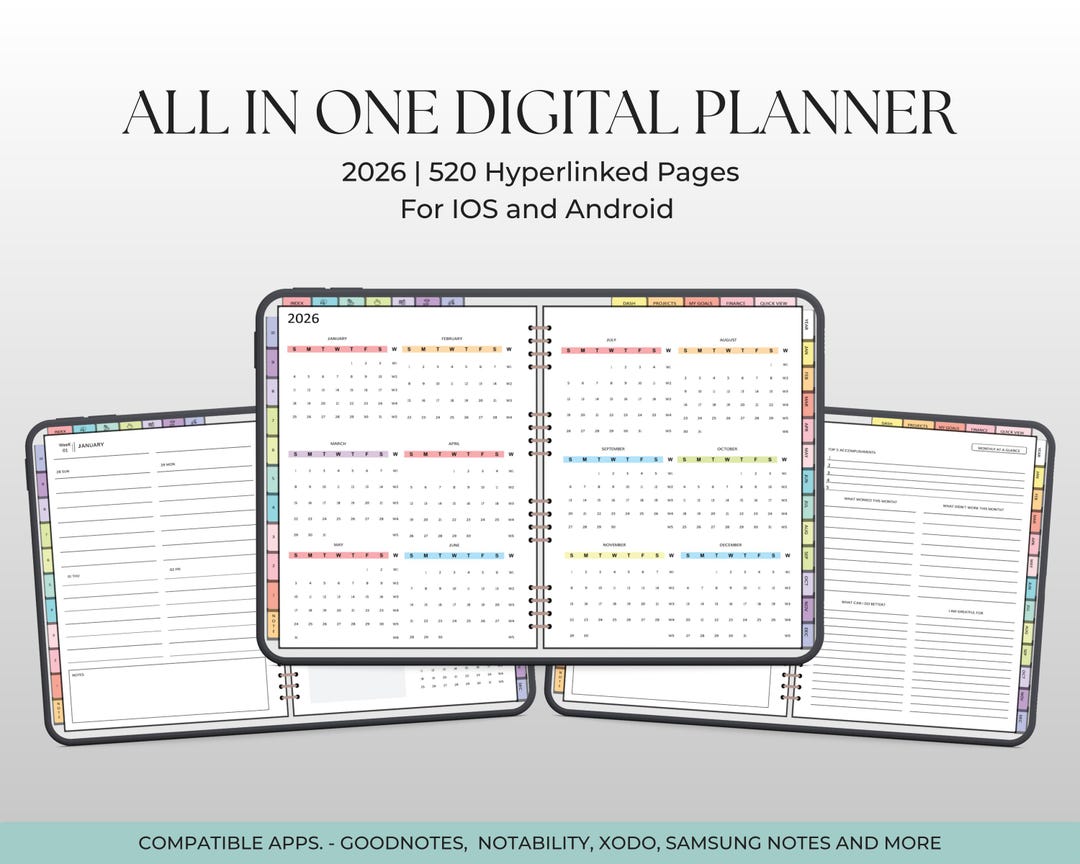 2025-2026 All-in-one Digital Planner, Hyperlinked, Goodnotes Calendar ...