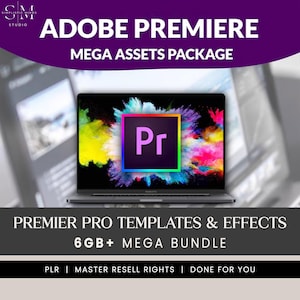 May include: A laptop displays the Adobe Premiere Pro logo with a colorful explosion background. The image features text that reads "ADOBE PREMIERE MEGA ASSETS PACKAGE" and "PREMIER PRO TEMPLATES & EFFECTS 6GB+ MEGA BUNDLE."