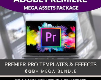 Może przedstawiać: Laptop wyświetla logo Adobe Premiere Pro na tle kolorowej eksplozji. Obraz zawiera tekst "ADOBE PREMIERE MEGA ASSETS PACKAGE" oraz "PREMIER PRO TEMPLATES & EFFECTS 6GB+ MEGA BUNDLE."