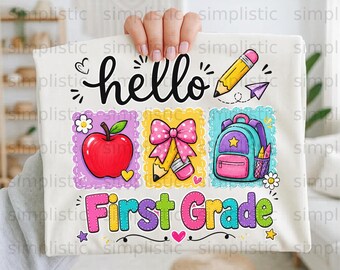 Hello First Grade Digital PNG, Back to School Teacher Student Sublimation Design, Apple Pencil Backpack Clip Art, Instant Download