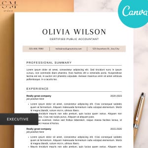 May include: A resume template featuring "Olivia Wilson", a Certified Public Accountant. It includes sections for a professional summary and experience, with placeholder text. A pen is positioned on the right side of the document.