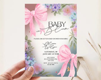 Modello di invito "Baby in Bloom", fiocco rosa, baby shower floreale (download digitale)