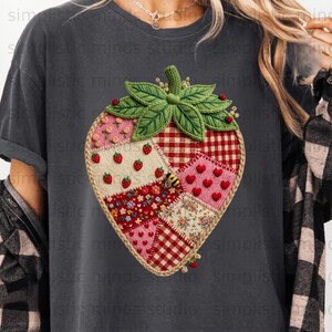 Cottagecore Strawberry Heart digitale download png, patchwork gewatteerd effect Art Print, grillig volkskunstontwerp, gezellige graphics