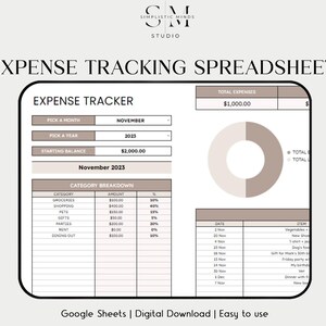 May include: A printable expense tracking spreadsheet template in a light brown and white color scheme. The template includes a section for tracking expenses by category, a pie chart to visualize spending, and a table to record daily expenses. The text "EXPENSE TRACKING SPREADSHEET" is at the top of the page. The text "Google Sheets | Digital Download | Easy to use" is at the bottom of the page.