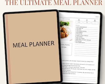 May include: A digital meal planner displayed on a tablet. The cover is tan with the words "MEAL PLANNER" in black. The open screen shows a recipe with ingredients and instructions. The text at the top reads "EASY TO USE" and "THE ULTIMATE MEAL PLANNER."