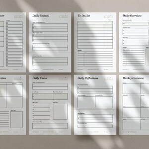 May include: A collection of eight printable planner pages with a minimalist design. The pages include "Daily Planner," "Daily Journal," "To-Do List," "Daily Overview," "Daily Priorities," "Daily Tasks," "Daily Reflections," and "Weekly Overview" with lined sections.