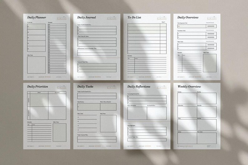 May include: A collection of eight printable planner pages with a minimalist design. The pages include "Daily Planner," "Daily Journal," "To-Do List," "Daily Overview," "Daily Priorities," "Daily Tasks," "Daily Reflections," and "Weekly Overview" with lined sections.
