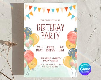 Balloon Birthday Party Invitation, Editable Canva Template (Digital Download)