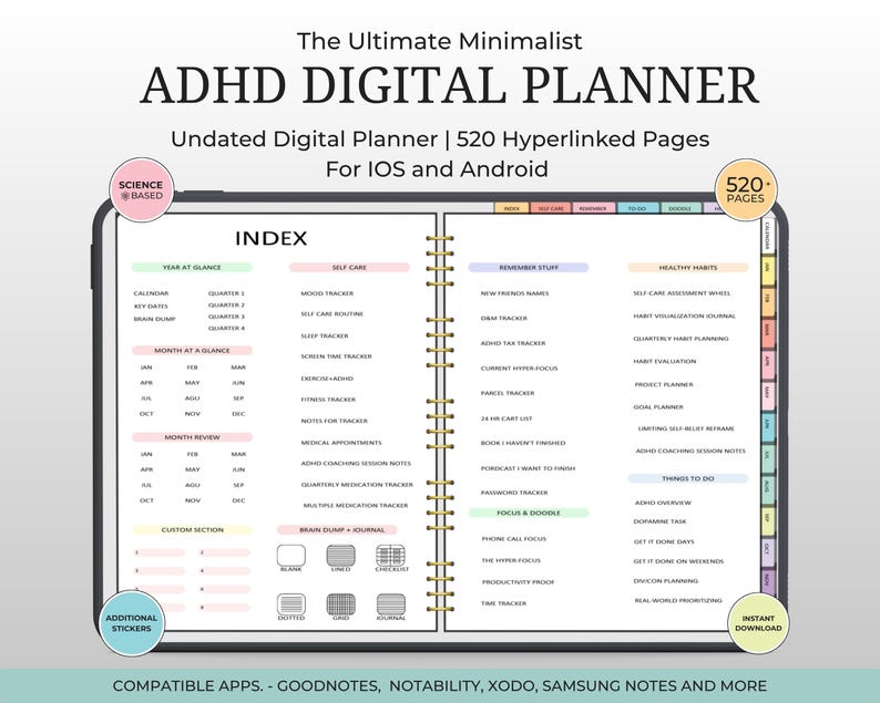 ADHD Digital Planner, Undated, Goodnotes Planner (PDF) - Etsy