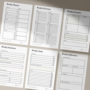 May include: A collection of six white paper sheets with black text, designed for weekly planning. Each sheet features different layouts for tasks, priorities, and reflections. The sheets are arranged on a neutral-toned surface.