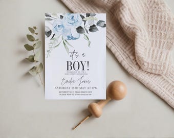 Blue Floral Baby Shower Invitation Template, It's A Boy (Digital Download)