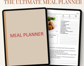 May include: A digital meal planner displayed on a tablet, featuring the text "EASY TO USE" and "THE ULTIMATE MEAL PLANNER." The open tablet shows a recipe with ingredients and instructions. The cover reads "MEAL PLANNER."