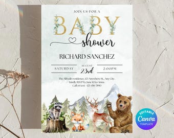 May include: Baby shower invitation with watercolor forest animals and text. The invitation includes the text "Join us for a Baby Shower" and details for Richard Sanchez's baby shower on August 23rd at 2:00 PM.